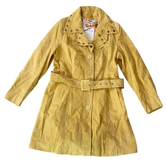 Bradley Bayou Jackets & Blazers - Bradley Bayou Mustard Yellow Suede Leather Trench Coat Grommet Detail Belt Large